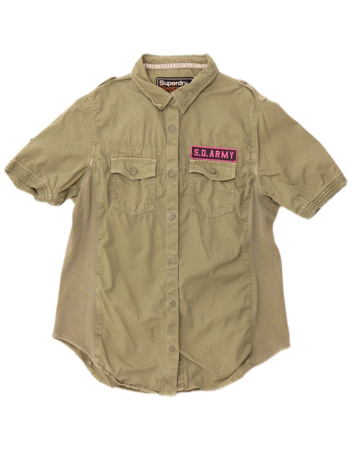 SUPERDRY Kurzarm-Militärhemd für Damen, UK 14, Größe L, Khaki, Baumwolle