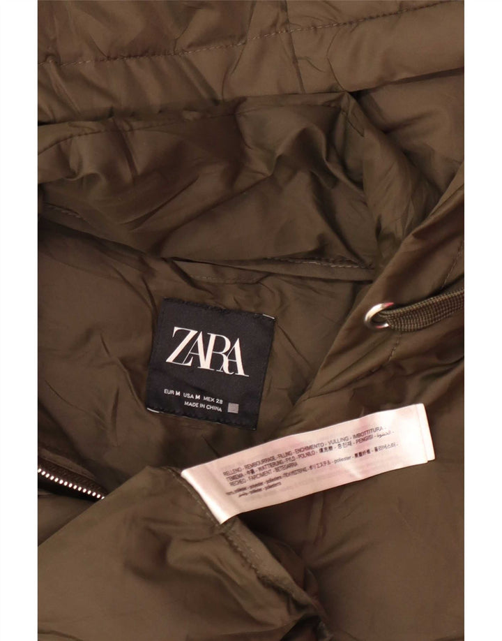Zara Womens Longline Hooded Wattierte Weste UK 14 Medium Khaki Polyester