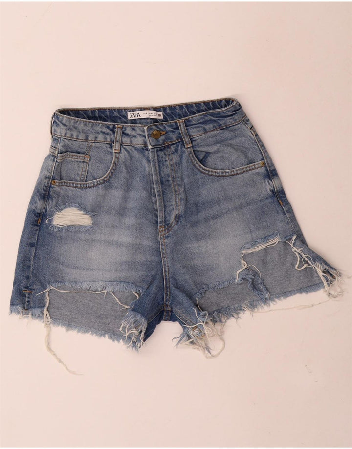Zara Damen Distressed Denim Shorts EU 38 Small W28 Blau