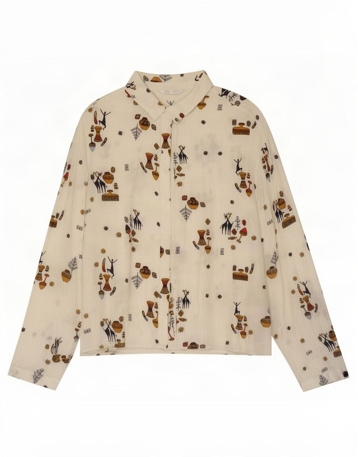 Zara Damen Trafaluc Hemdbluse mit abstraktem Muster UK 14 Mittelweiß