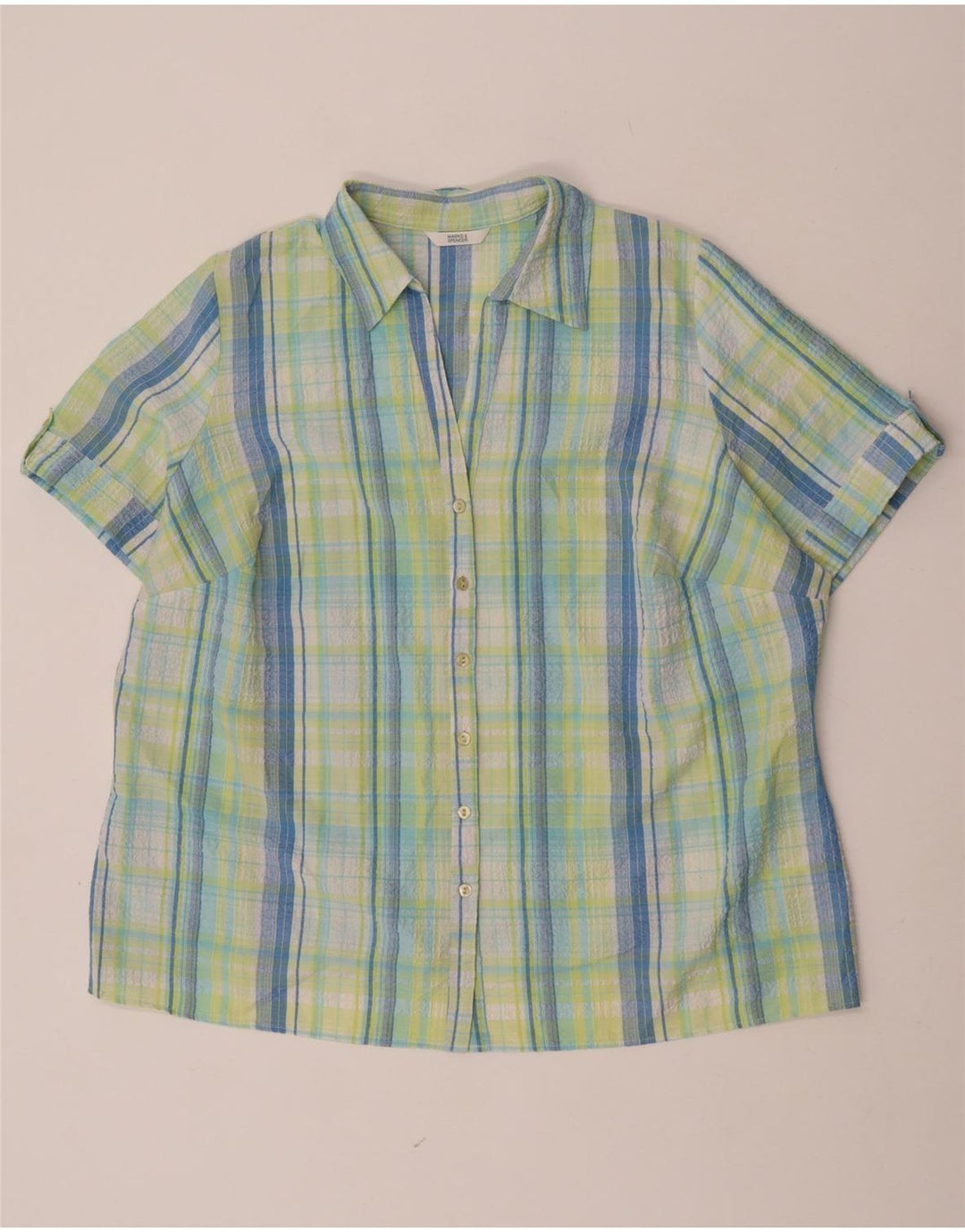 Marks & Spencer Damen Kurzarmhemd UK 22 3XL Grün kariertes Polyester