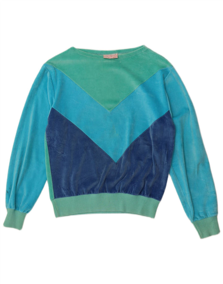 Codice Damen Velours-Sweatshirt-Pullover UK 12 Mittelblaue Colourblock-Baumwolle