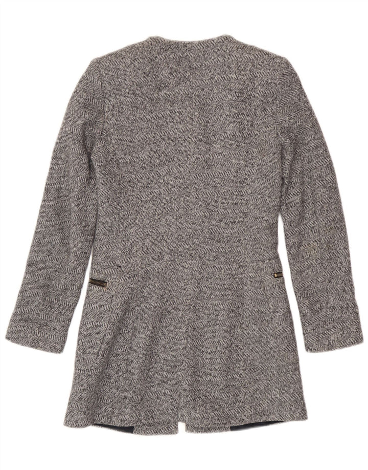 Zara Damen Longline Full Zip Blazer Jacke UK 6 XS Graue Herringbone-Baumwolle