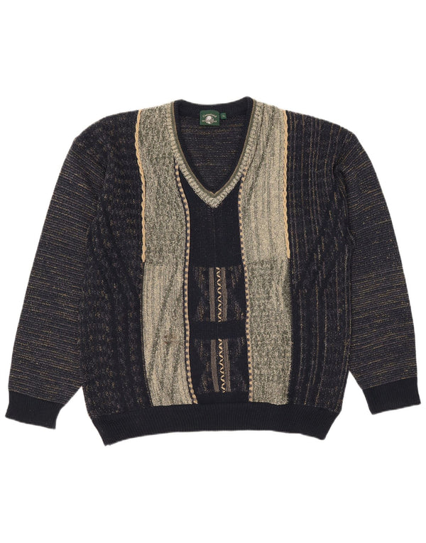 Vintage Herren V-Ausschnitt Pullover Pullover XL Marineblau Farbblock Acryl