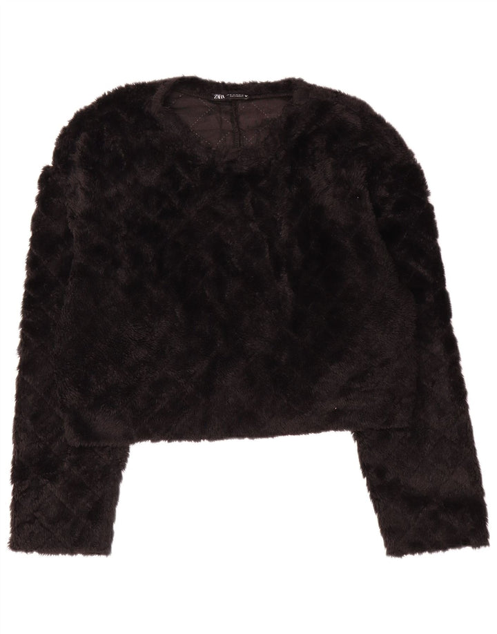 Zara Damen Crop Fleece Pullover UK 14 Medium Schwarz