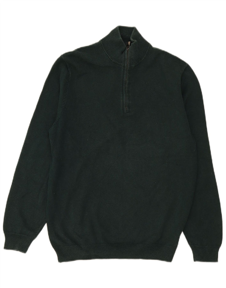 Massimo Dutti Herren-Pullover mit Reißverschluss am Hals, mittelgrüne Baumwolle