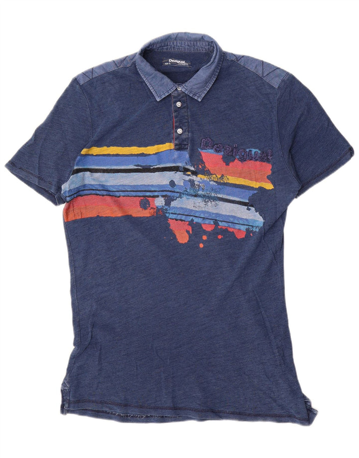 Desigual Herren-Poloshirt mit Grafik, groß, blau, Farbblock