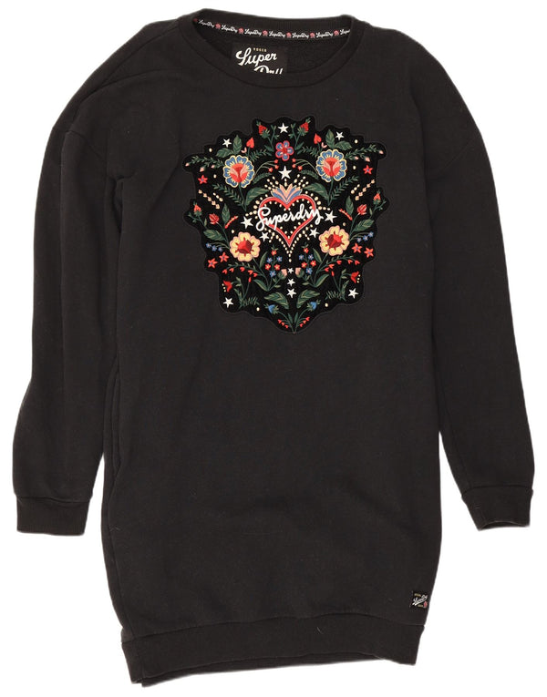 Superdry Sweatshirt-Pulloverkleid mit Grafik für Damen, UK 12, Mittelschwarz mit Blumenmuster