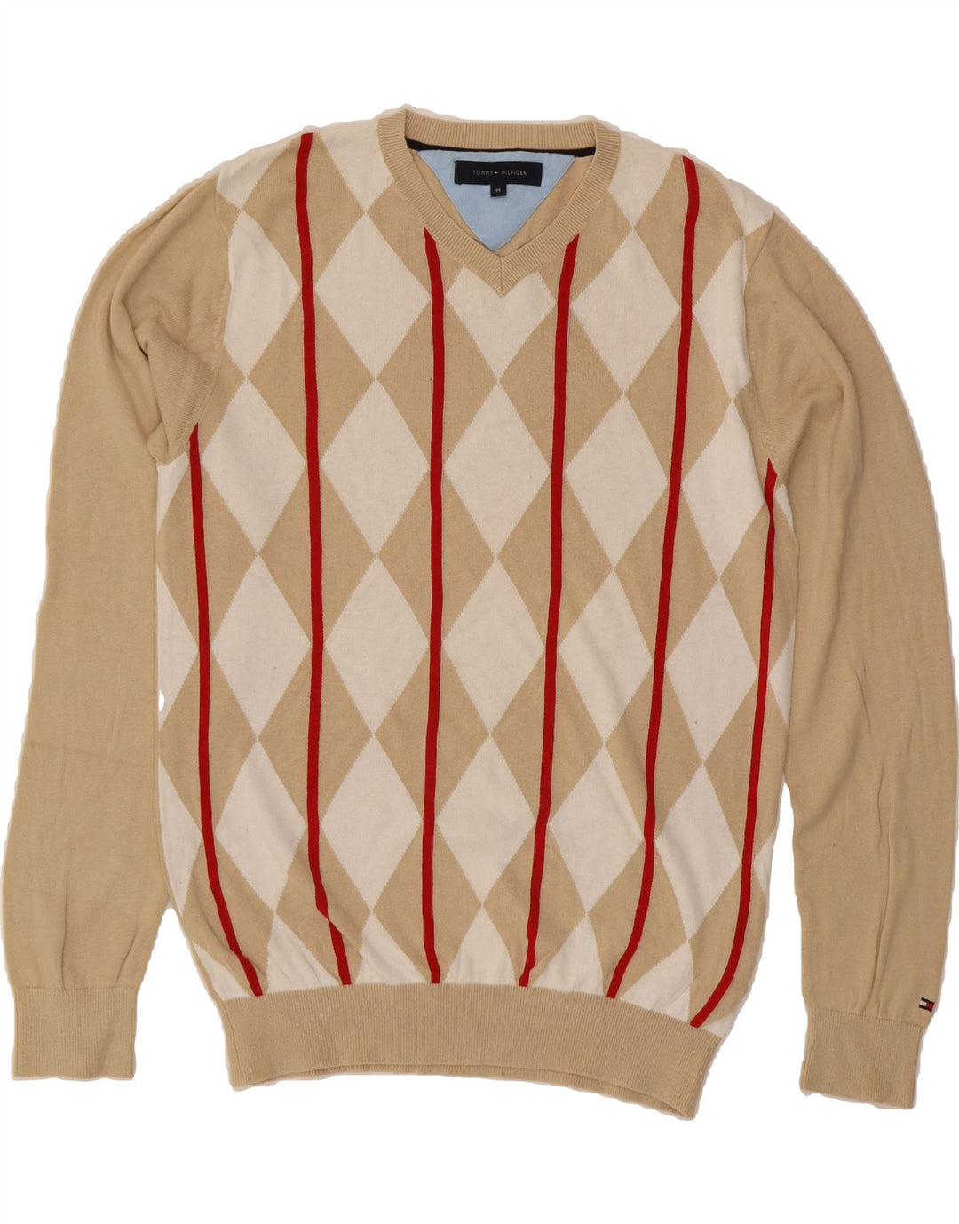 TOMMY HILFIGER Mens V-Neck Jumper Sweater Medium Beige Argyle/Diamond Vintage Tommy Hilfiger and Second-Hand Tommy Hilfiger from Messina Hembry 