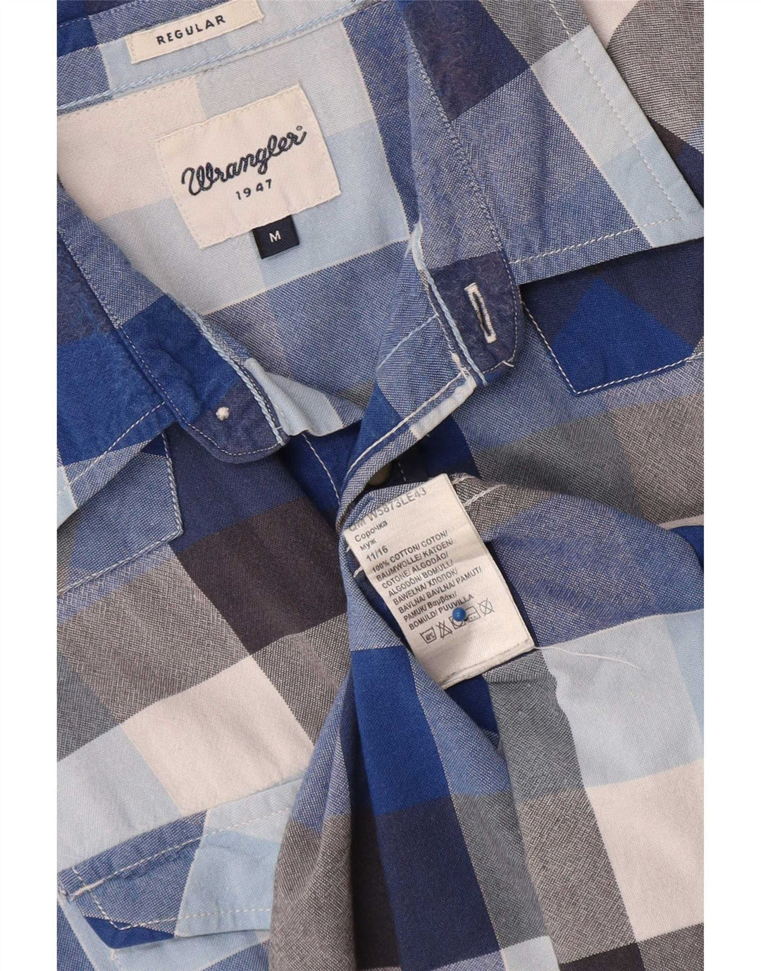 Wrangler Herren-Kurzarmhemd mit normaler Passform, mittelblau karierte Baumwolle