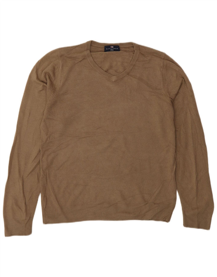 Marks & Spencer Herren Blue Harbor V-Ausschnitt Pullover Pullover Small Braun Acryl