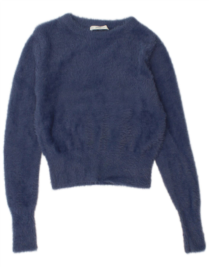 ZARA Damen Pullover mit bauchfreiem U-Boot-Ausschnitt, Gr. 12, Mittelmarineblau