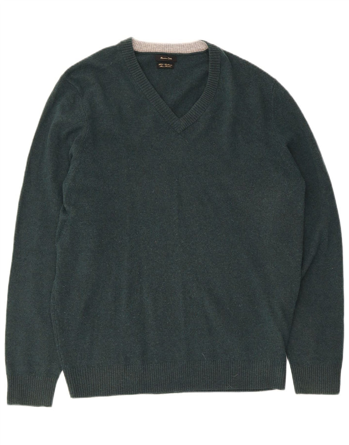 Massimo Dutti Herren-Pullover mit V-Ausschnitt, große grüne Wolle