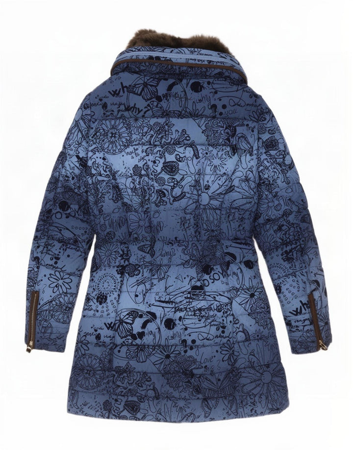 Desigual Damen Kapuzenmantel, gepolstert, EU 40, mittelblaues Blumenmuster, Polyester