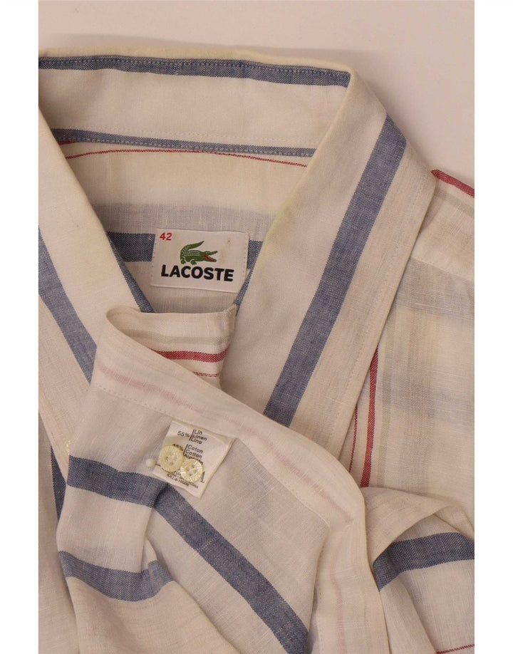 Lacoste Herren-Kurzarmhemd, Größe 42, großes, weiß gestreiftes Leinen