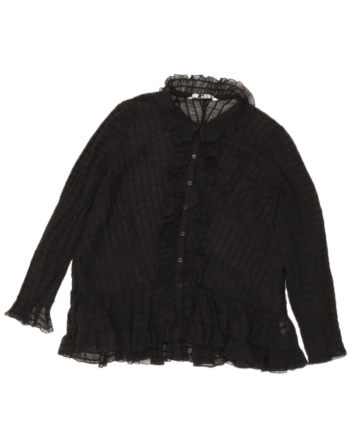 Zara Damen-Hemdbluse mit durchsichtiger Rüschenfront, UK 14, Mittelschwarz