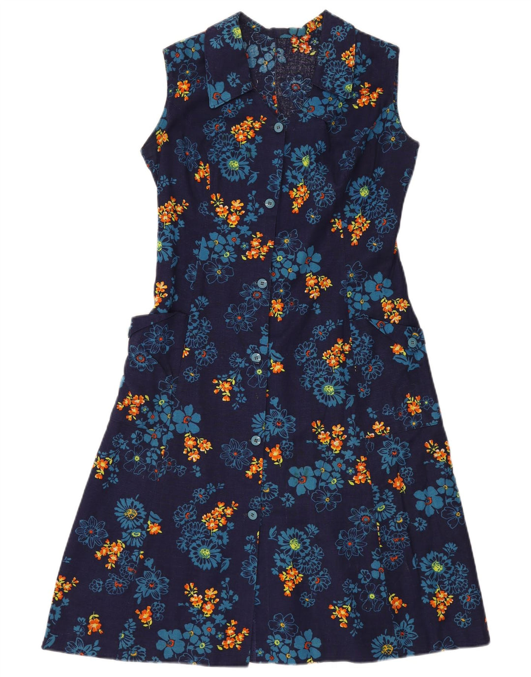 VINTAGE Damen Ärmelloses A-Linien-Kleid UK 12 Medium Navy Blue Floral