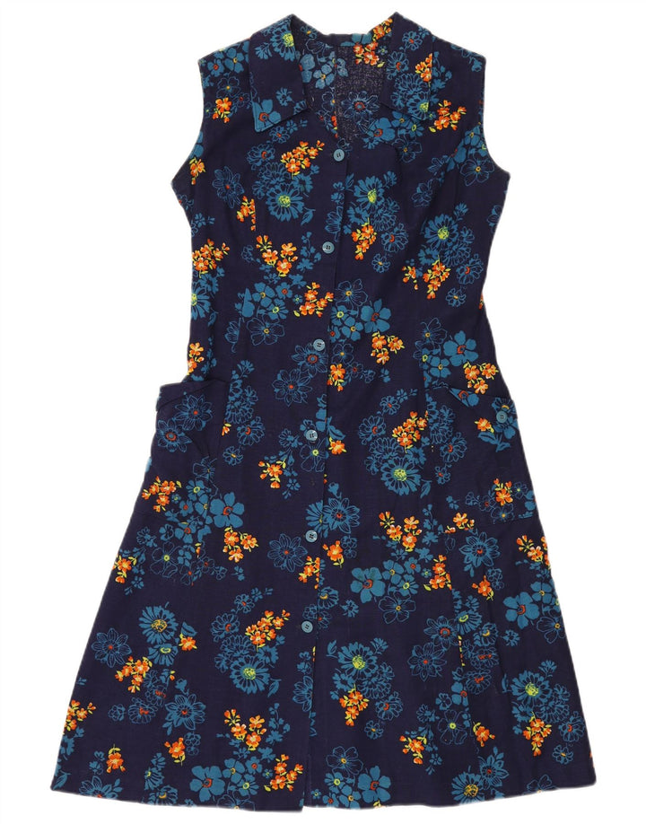 VINTAGE Damen Ärmelloses A-Linien-Kleid UK 12 Medium Navy Blue Floral