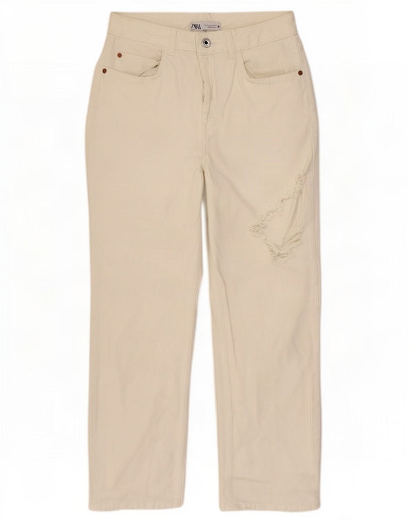 Zara Damen Distressed High Waist Jeans EU 36 XS W26 L26 Weiße Baumwolle