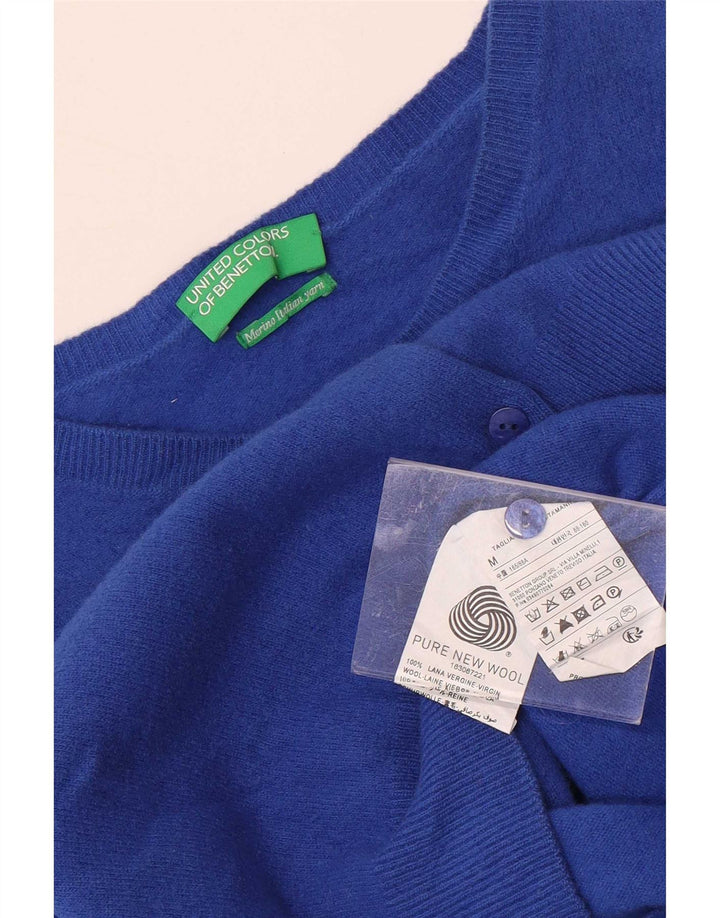 Benetton Damen Crop Cardigan Pullover UK 12 Mittelblaue Schurwolle