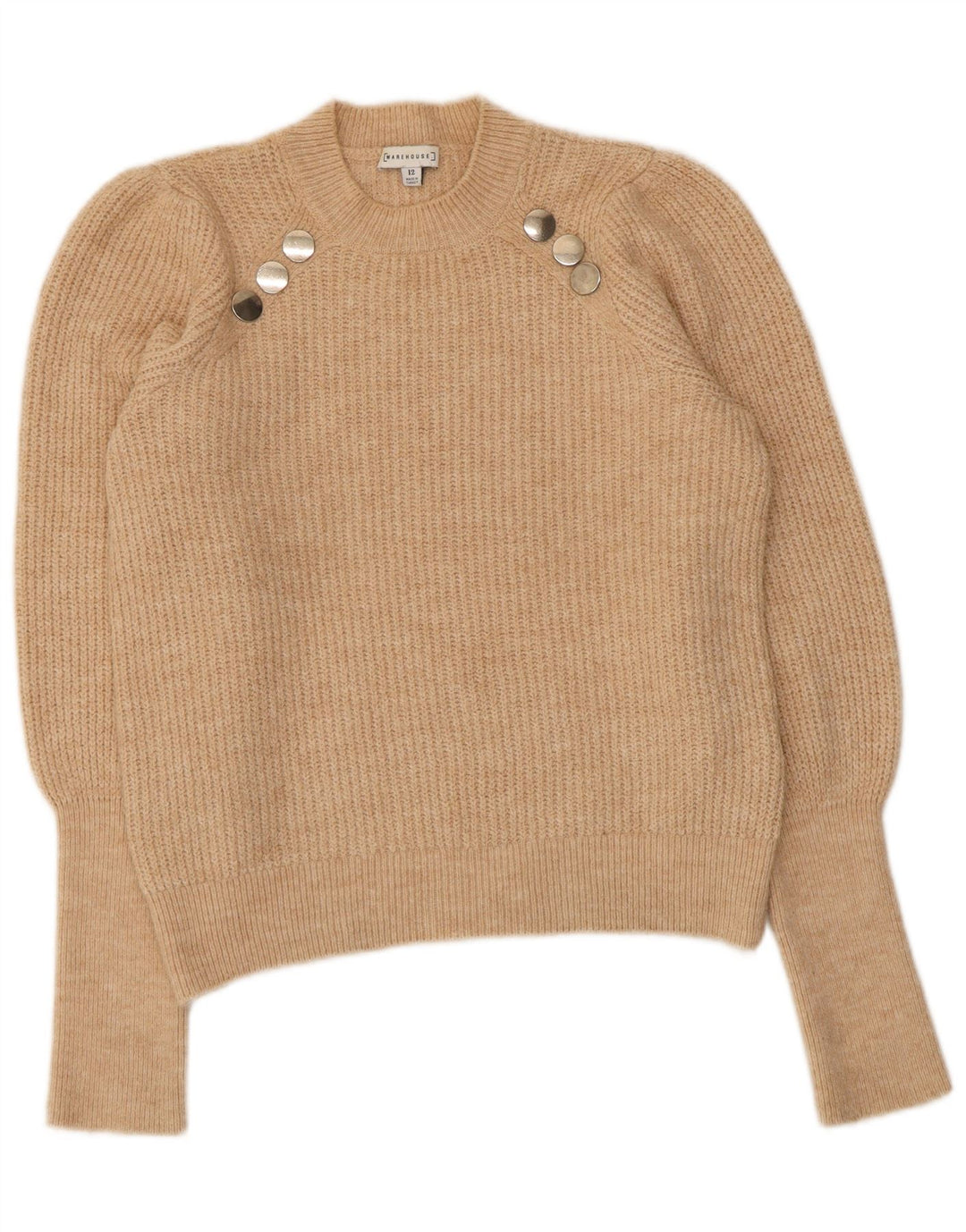 WAREHOUSE Damen-Pullover mit Rundhalsausschnitt, UK 12, Mittelbeige, Acryl