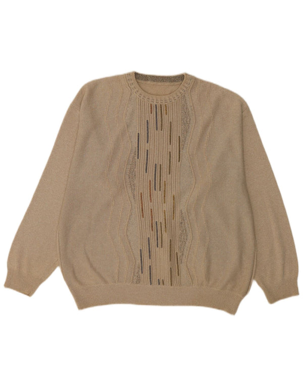 Vintage Herren-Pullover mit Rundhalsausschnitt, XL, beige, geometrische Baumwolle