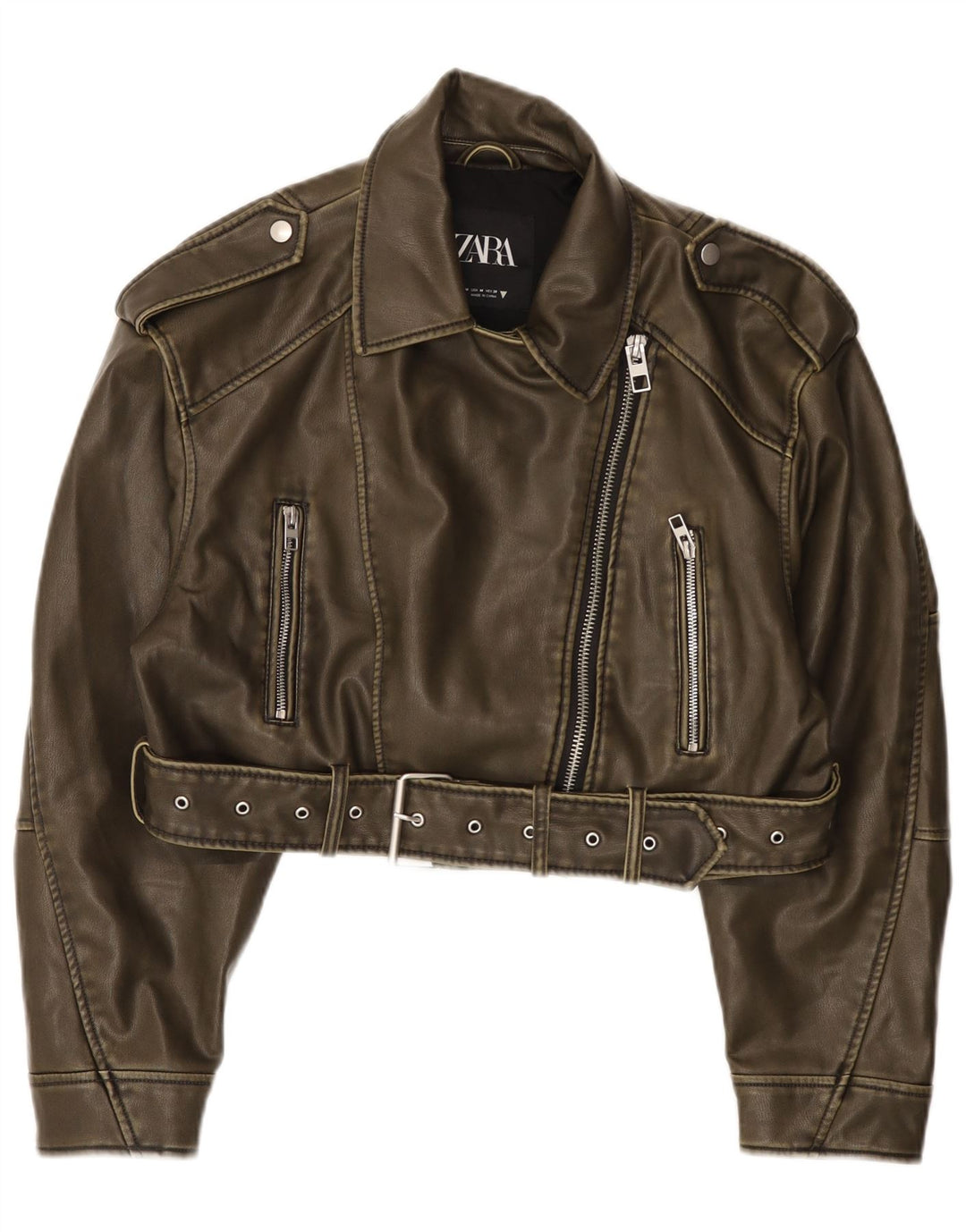 Zara Damen Crop Kunstleder Bikerjacke UK 14 Mittelgrünes Polyester
