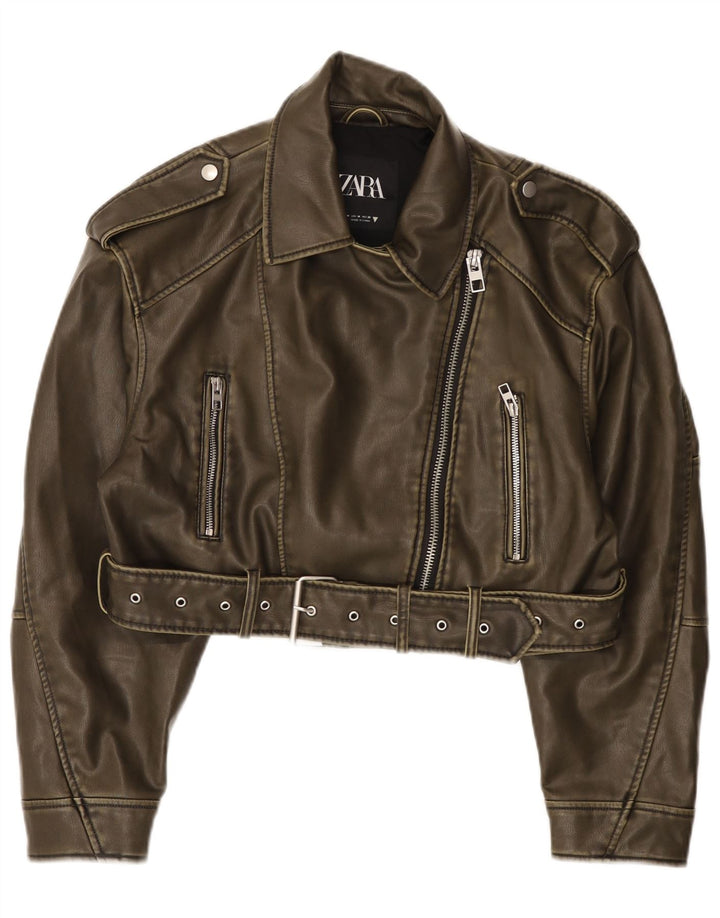 Zara Damen Crop Kunstleder Bikerjacke UK 14 Mittelgrünes Polyester