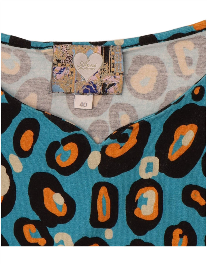 VINTAGE Damen Bluse Top EU 40 Mittelblaue Baumwolle mit Animal-Print