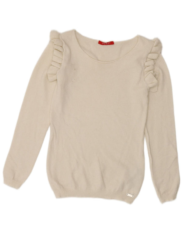 Guess Damen-Pullover mit Rüschen und U-Boot-Ausschnitt, Gr. 8, Größe S, weiße Viskose