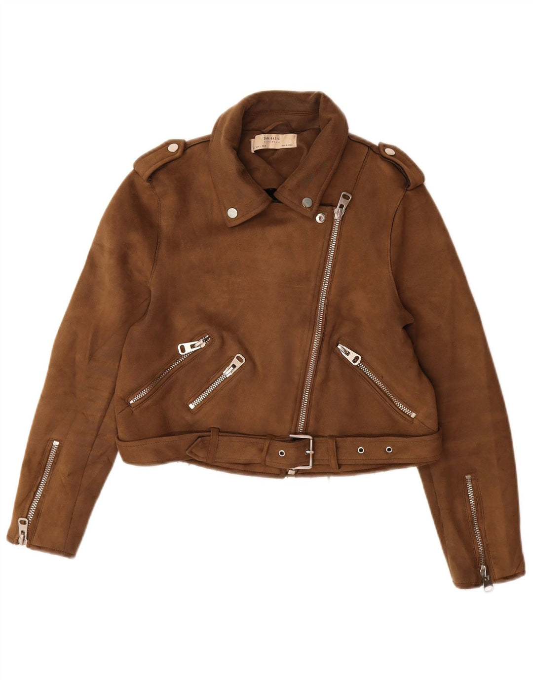 Zara Damen Crop Faux Wildleder Bikerjacke UK 14 Large Braun Polyester