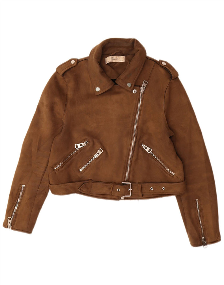 Zara Damen Crop Faux Wildleder Bikerjacke UK 14 Large Braun Polyester