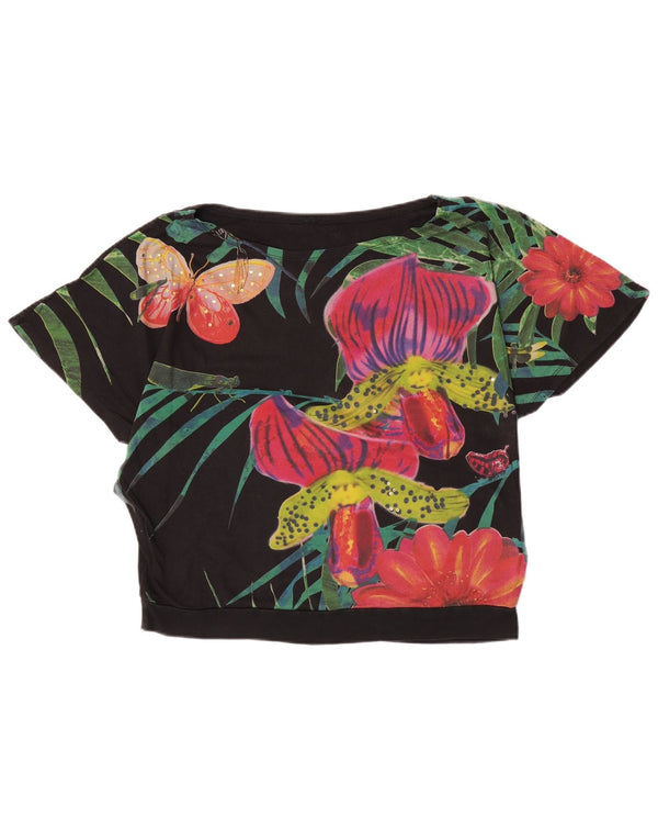 Desigual Damen Grafik-T-Shirt-Oberteil UK 16 Große schwarze geblümte Baumwolle