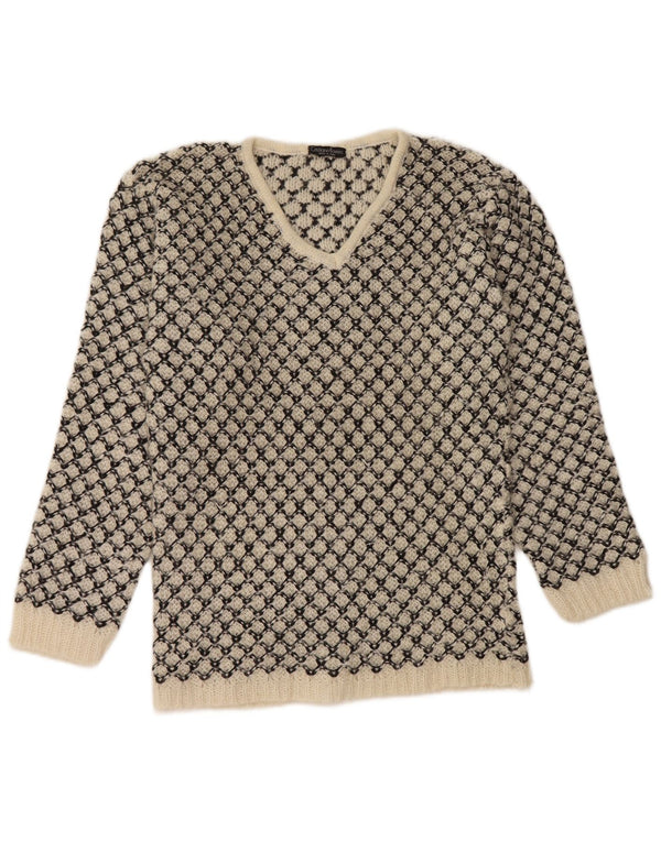 Vintage Damen V-Ausschnitt Pullover Pullover UK 14 Medium Off White Geometrisch