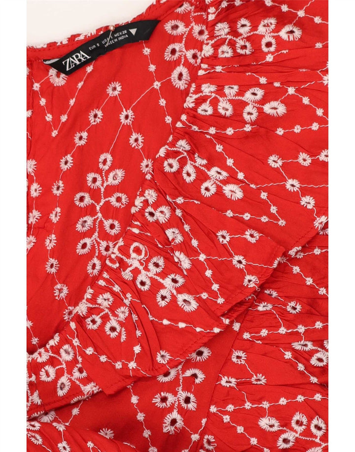 Zara Womens Abstract Pattern 1/2 Sleeve Tiered Dress UK 10 Small Red