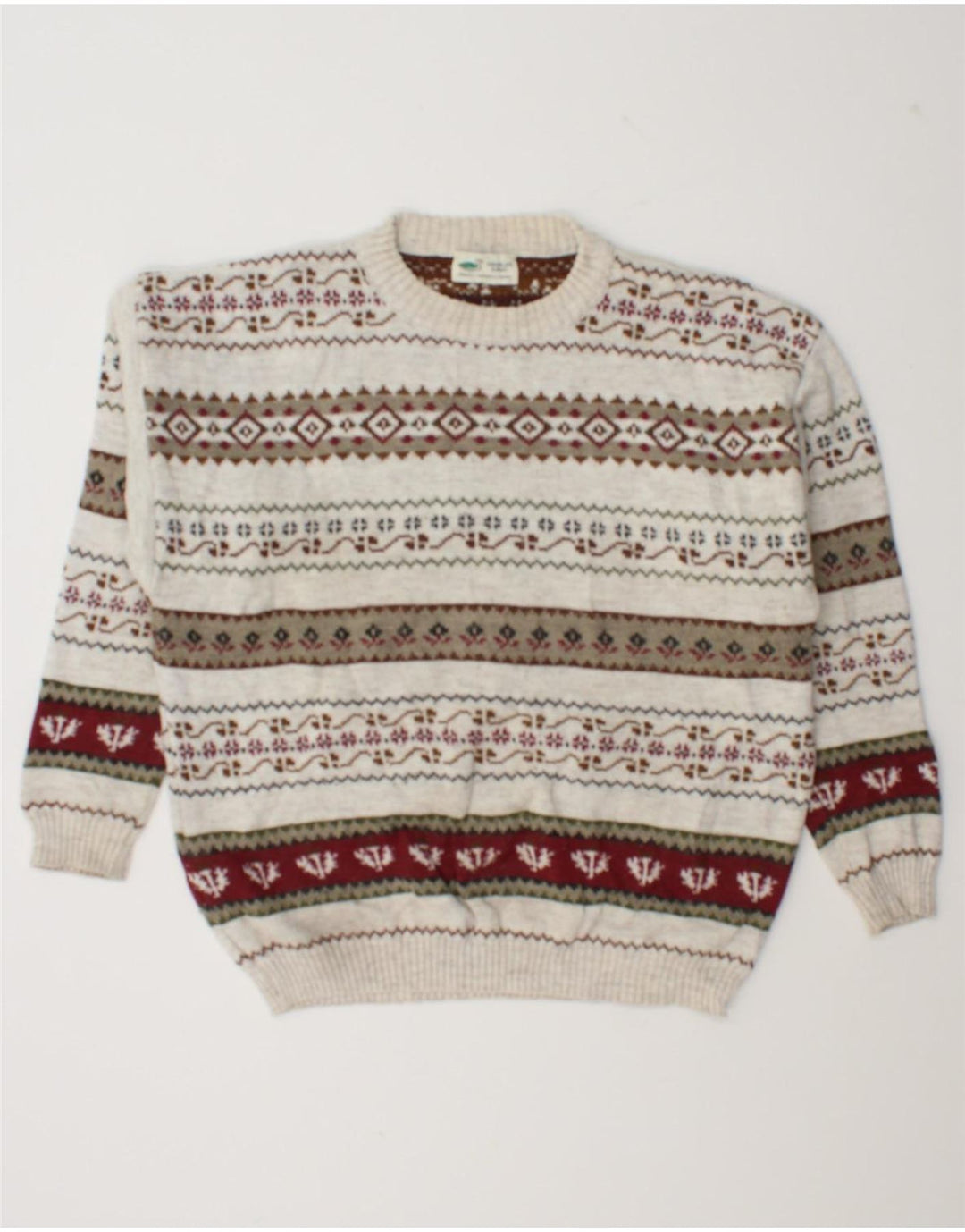 Vintage Herren-Pullover mit Rundhalsausschnitt, groß, aus weißer, geometrischer Wolle