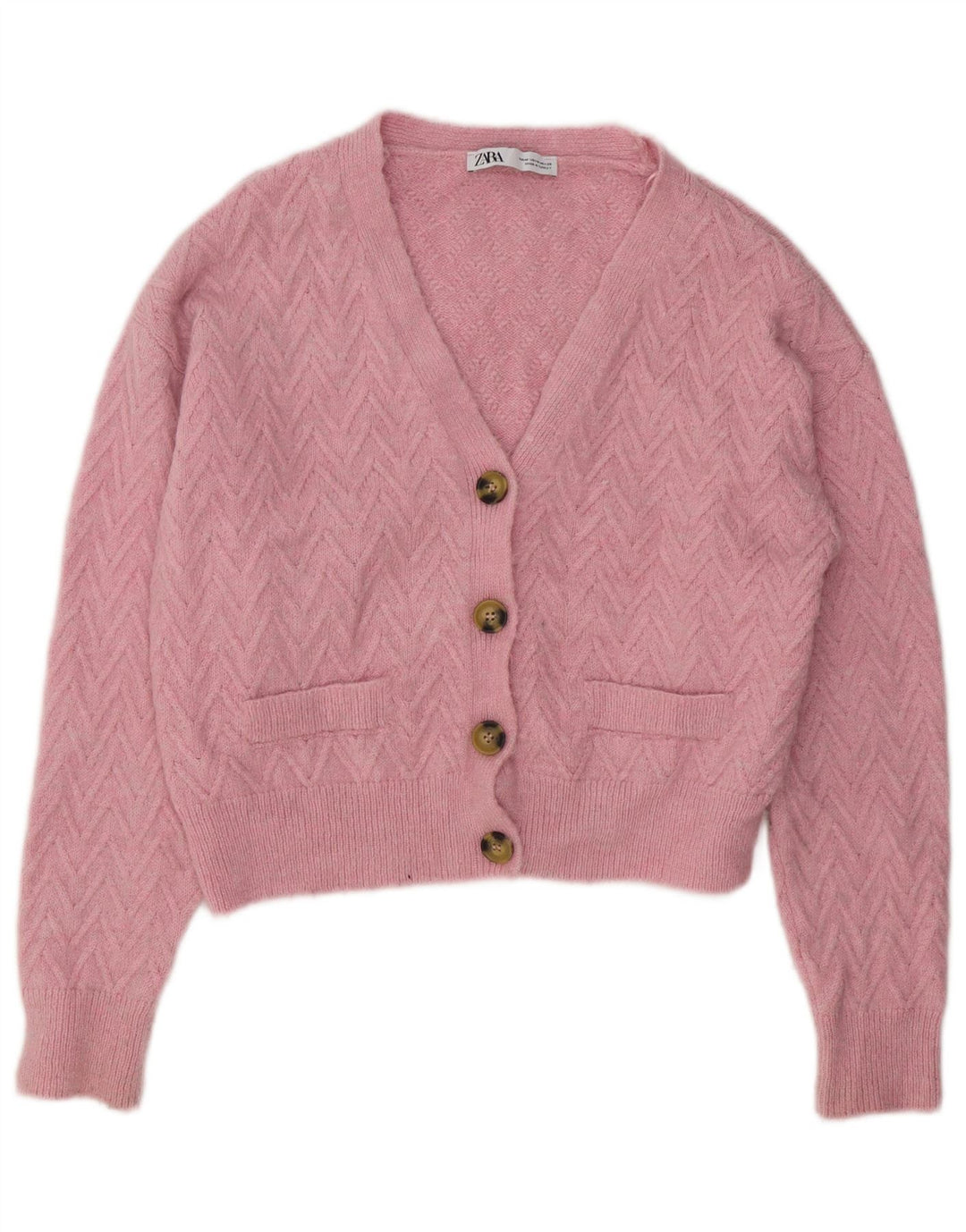 ZARA Damen Crop Cardigan Pullover UK 14 Mittelrosa Chevron Acryl