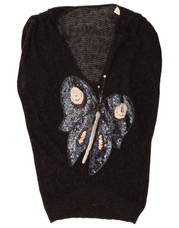 Vintage Damen Pullover mit grafischem V-Ausschnitt, UK 16, großer schwarzer Schmetterling