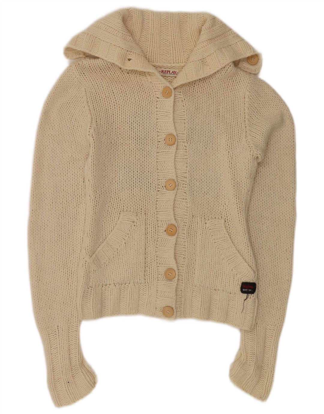 Replay Damen-Cardigan mit Grafik, UK 10, Größe S, cremefarbene Wolle