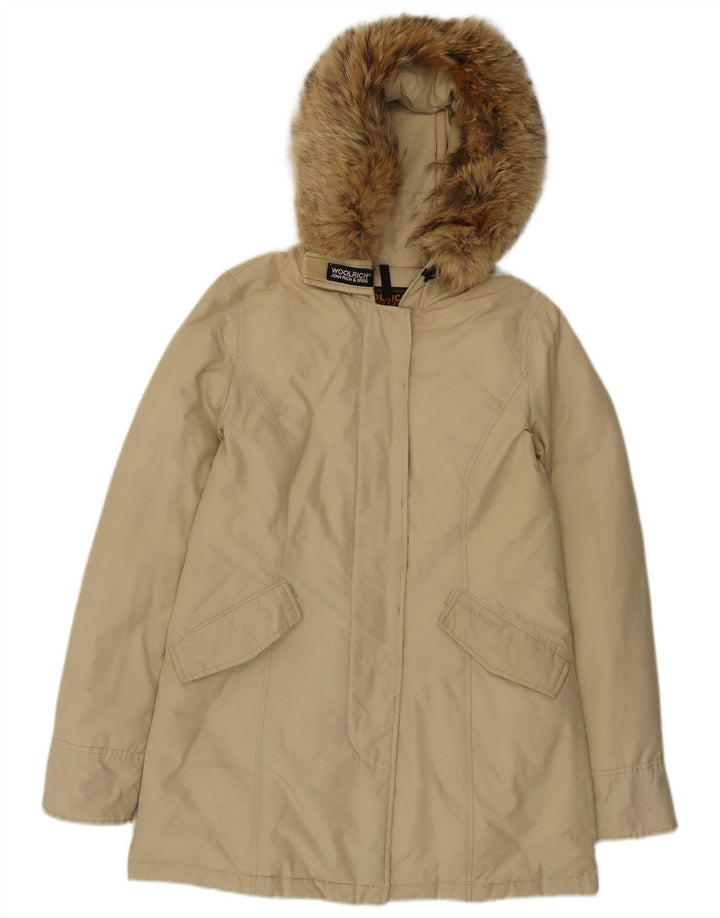 Woolrich Wattierter Damenmantel mit Kapuze, UK 14, mittelbeige Baumwolle