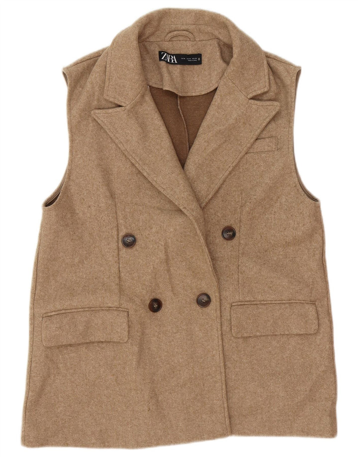 Zweireihiges Utility-Gilet für Damen von Zara, UK 12, mittelbeigefarbenes Polyester