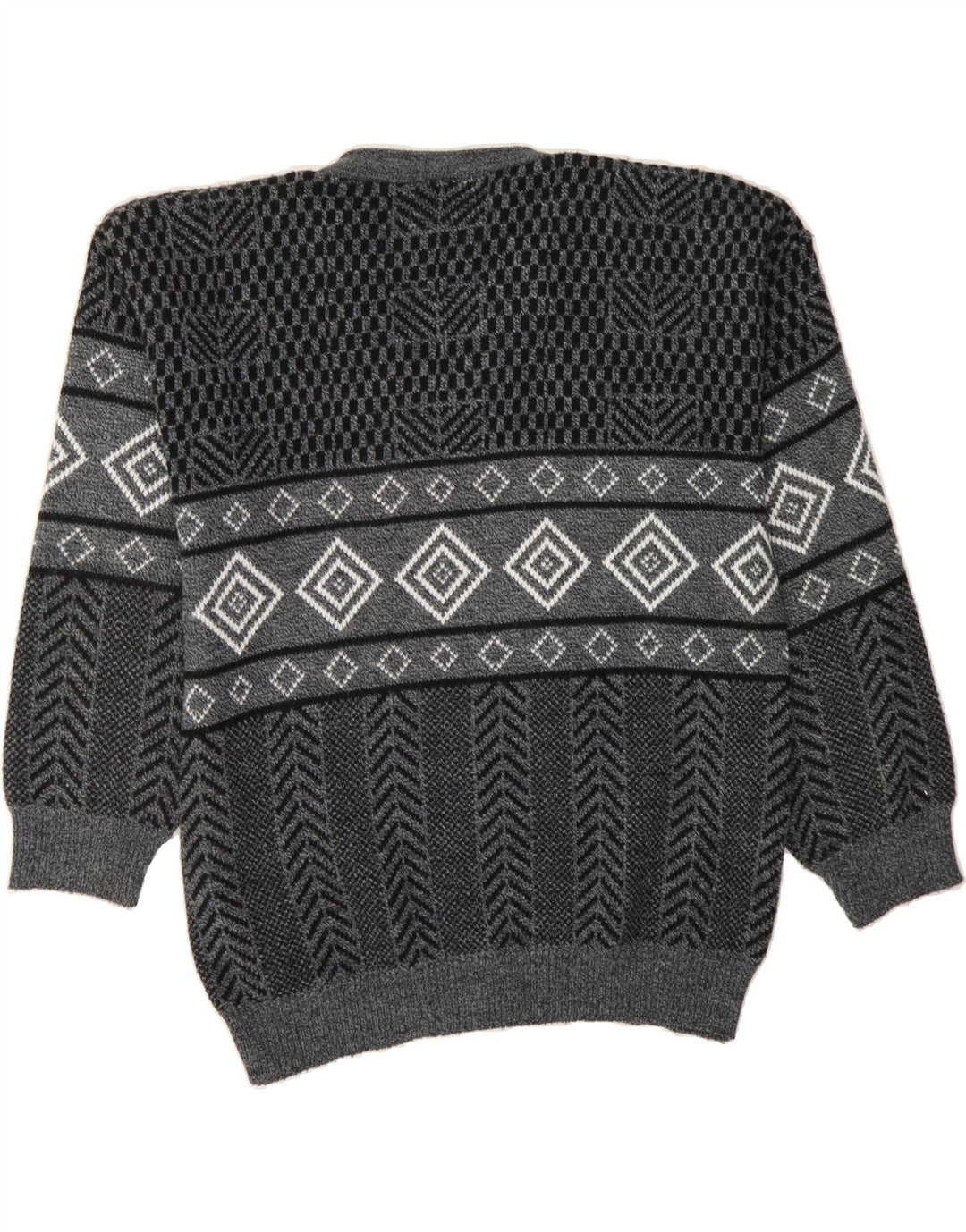 VINTAGE Mens V-Neck Jumper Sweater Medium Grey Geometric Vintage Vintage and Second-Hand Vintage from Messina Hembry 