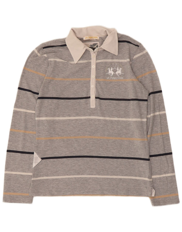 La Martina Womens Long Sleeve Rugby Polo Shirt UK 14 Large Grey Striped