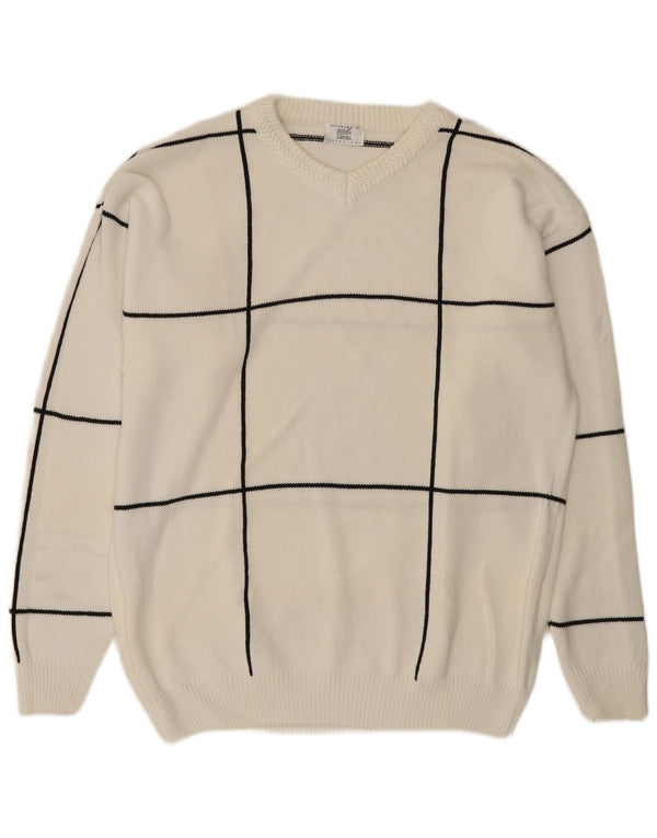 Alba Moda Damen-Pullover mit V-Ausschnitt, UK 22/24 3XL, weiß karierte Baumwolle