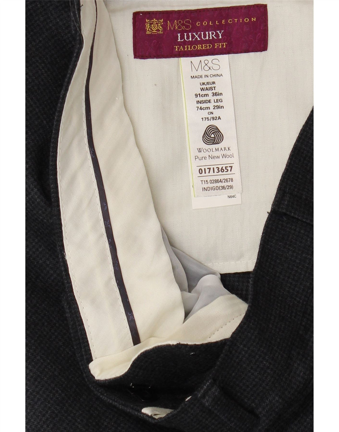 Marks & Spencer Herren-Anzughose mit maßgeschneiderter Passform, W36, L29, Grau mit Hahnentrittmuster