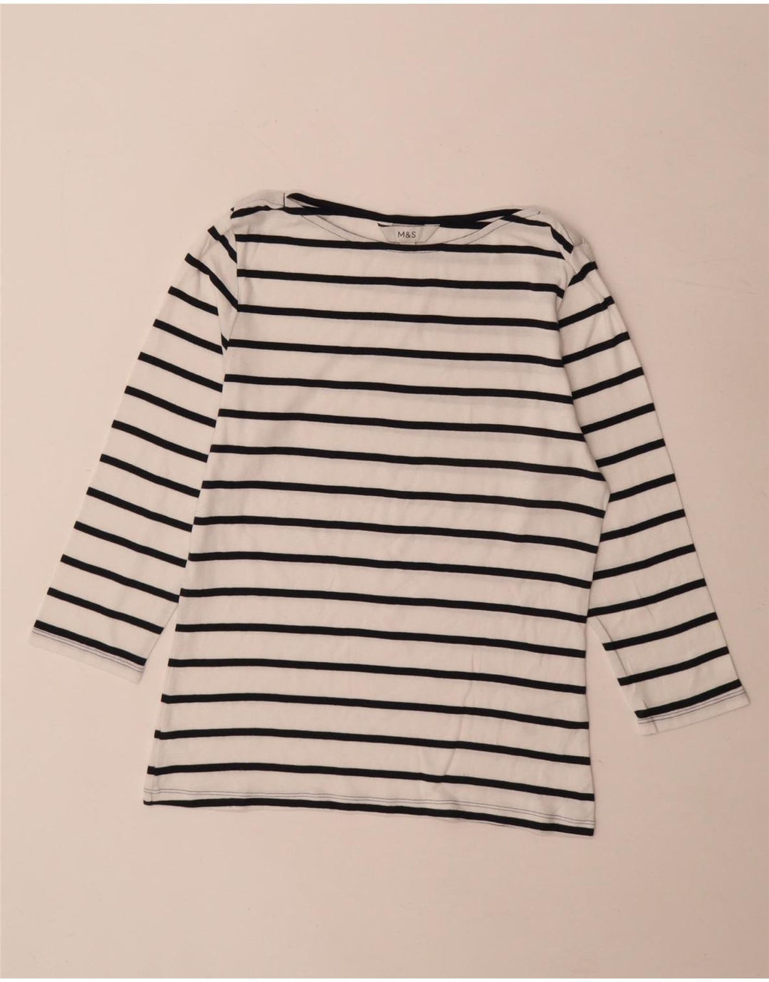 Marks & Spencer Damen-Top, 3/4-Ärmel, UK-Größe 12, Mittelweiß, gestreift, Baumwolle
