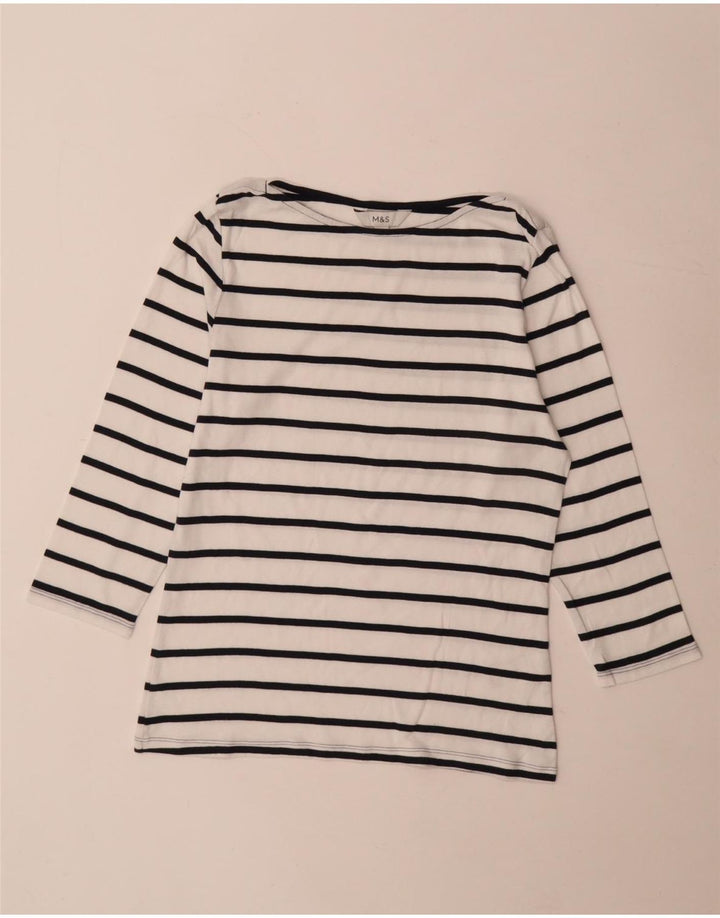 Marks & Spencer Damen-Top, 3/4-Ärmel, UK-Größe 12, Mittelweiß, gestreift, Baumwolle