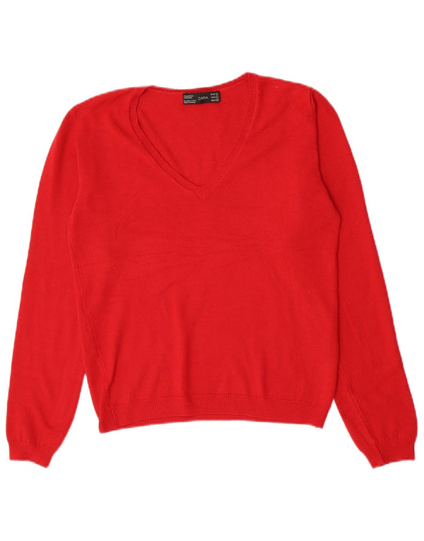 Zara Damen-Pullover mit V-Ausschnitt, Gr. 14, großes rotes Acryl
