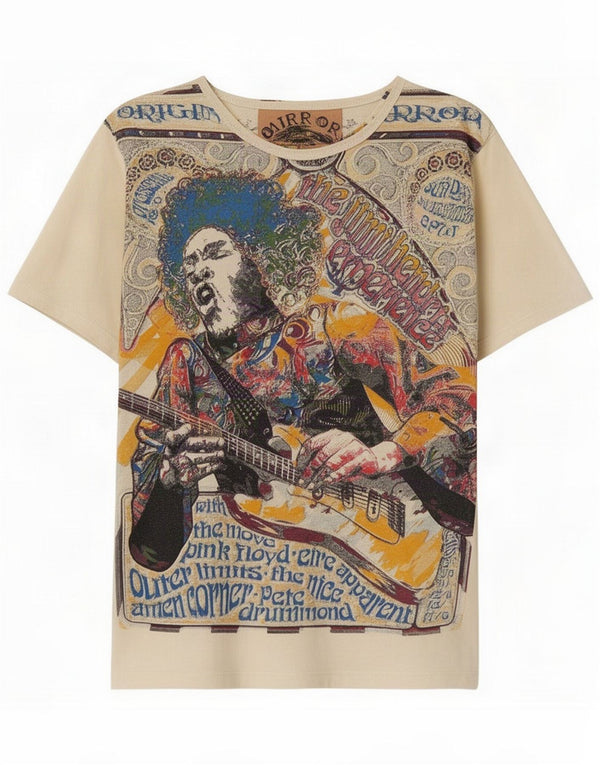 Mirror Mens Jimi Hendrix Graphic T-Shirt Top Medium Beige Cotton