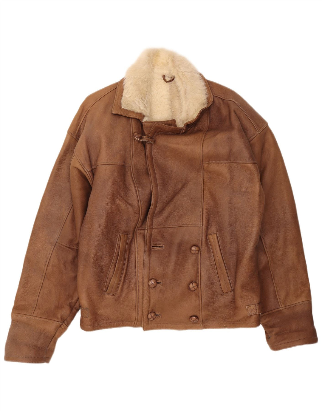 Vintage Herren-Jacke aus zweireihigem Lammfell, UK 40, groß, braun, Farbblock